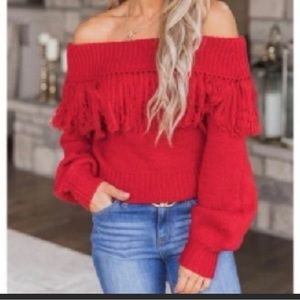Pink Lily brand red fringe sweater like new